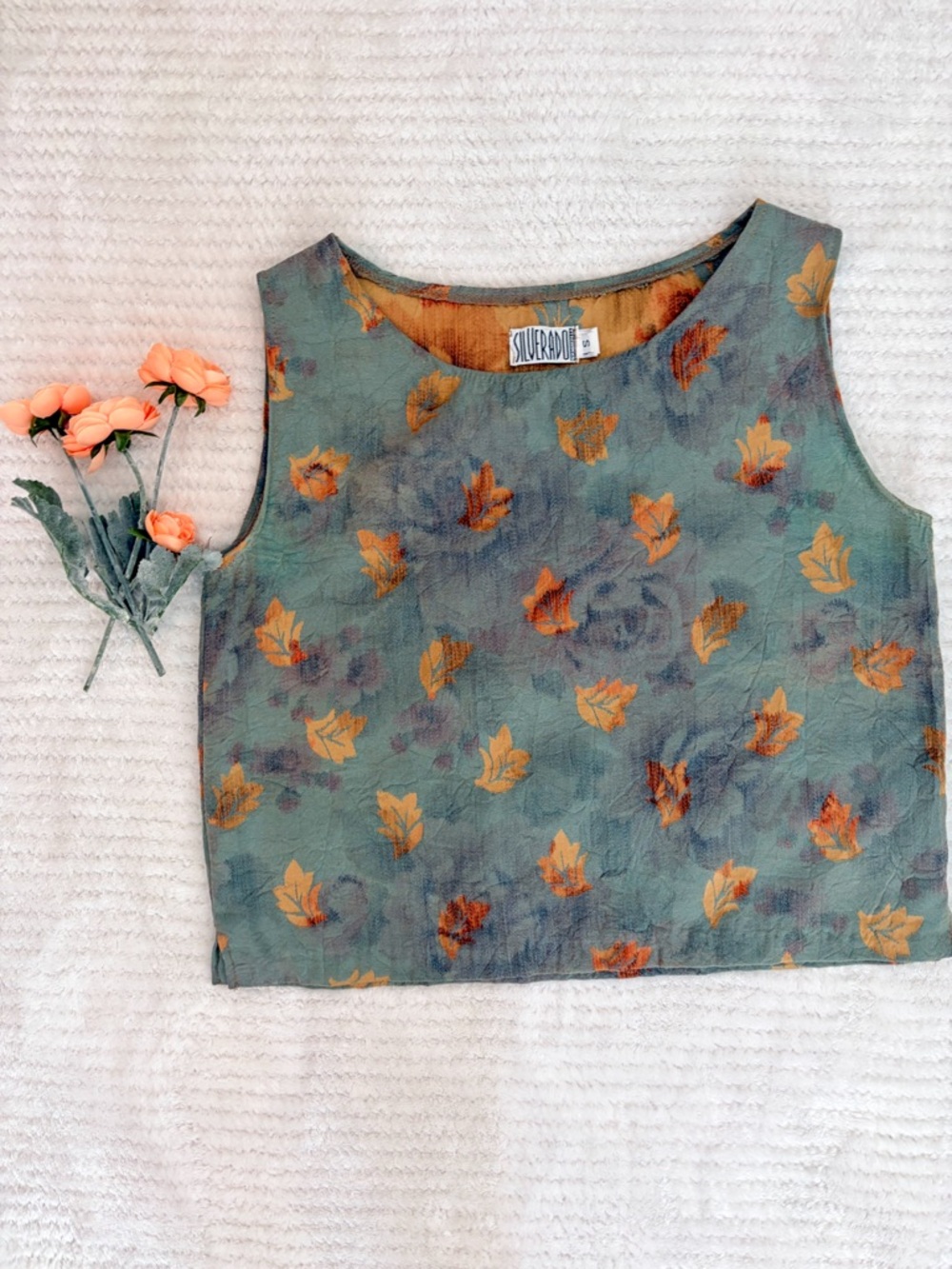 Vintage Silverado Leaf Print Tank Top Women’s Small Green Boho Linen Look